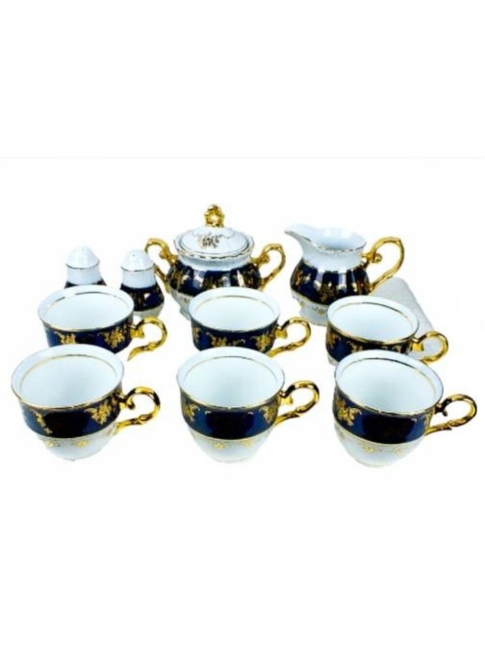 Vintage Cobalt Blue Fine Porcelain Tea Service Set - Ornate 24K Gold Filigree 10